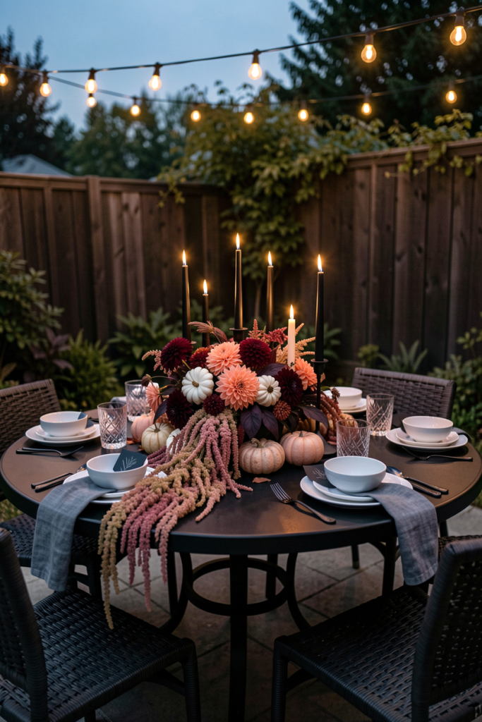 Moody outdoor tablescape with string lights and burgundy dahlias centerpiece
