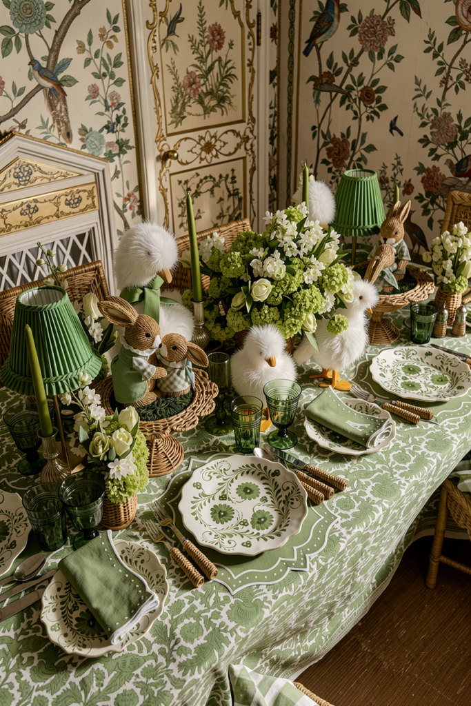 Green and white tablescape with bunny and duckling figurines