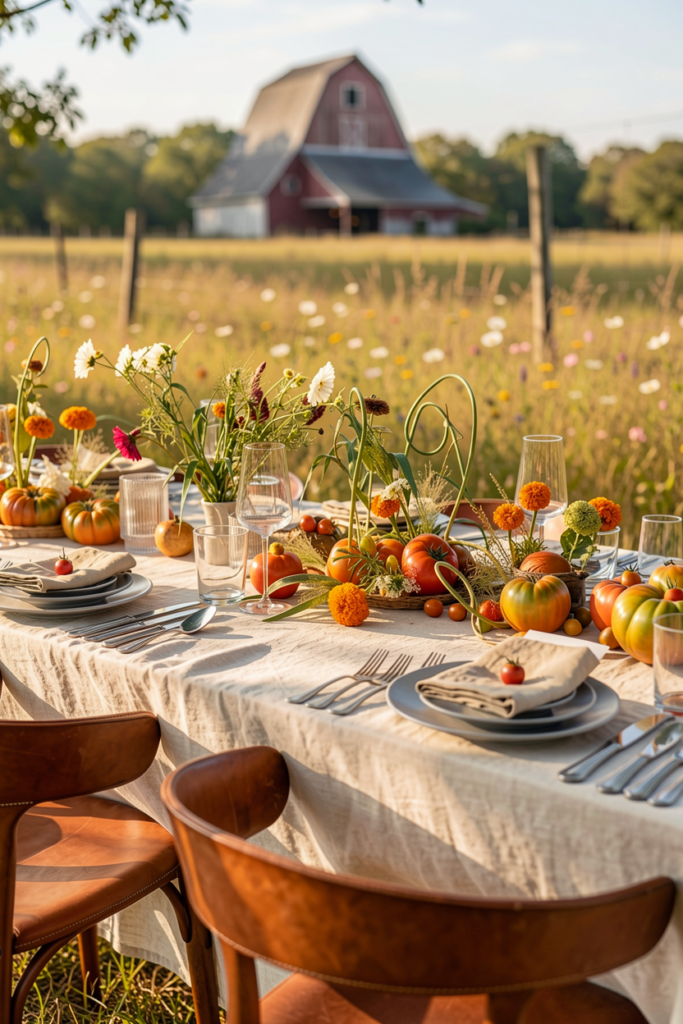 Fall tablescape with heirloom tomatoes and wild marigolds