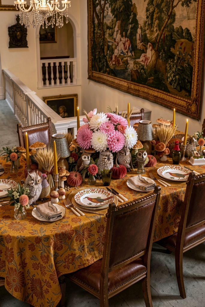 Dining room table with toadstool mushrooms and pheasant plates