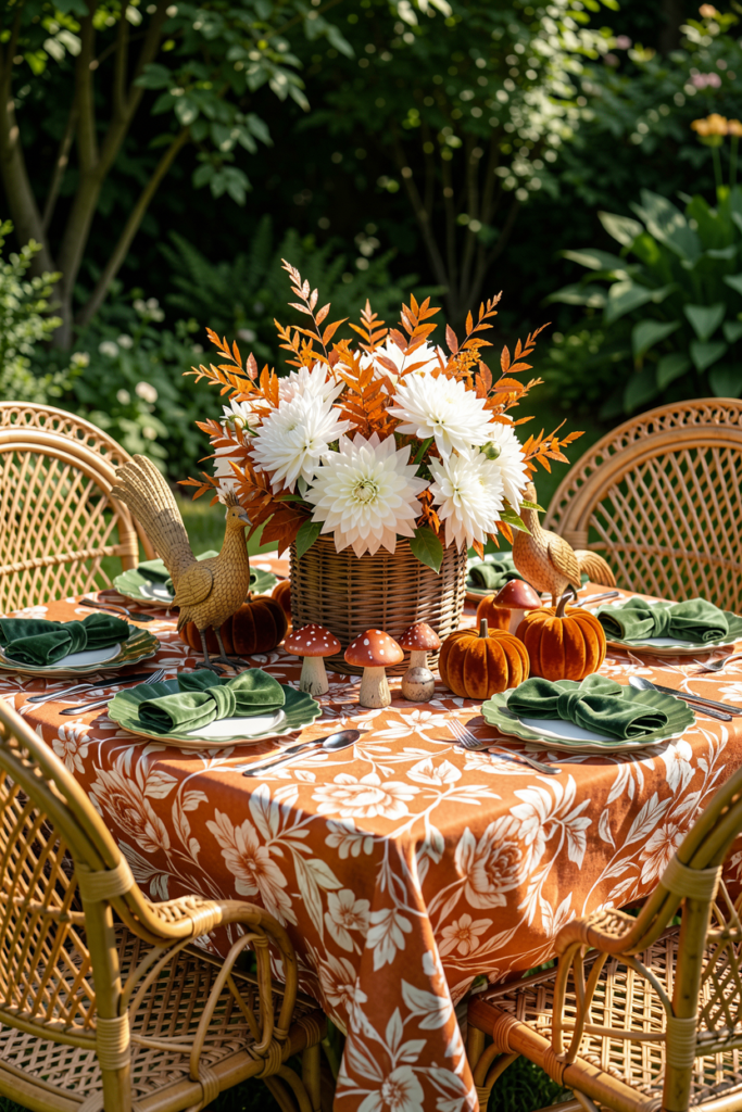 Outdoor tablescape with rattan chairs and velvet pumpkins