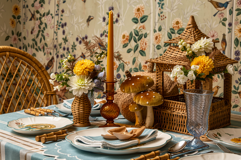 Tablescape with a woven lantern and yellow dahlia arrangement