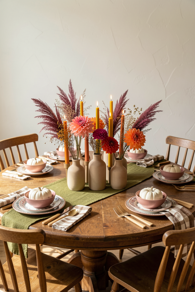 Round fall tablescape with dahlias and ceramic bud vases