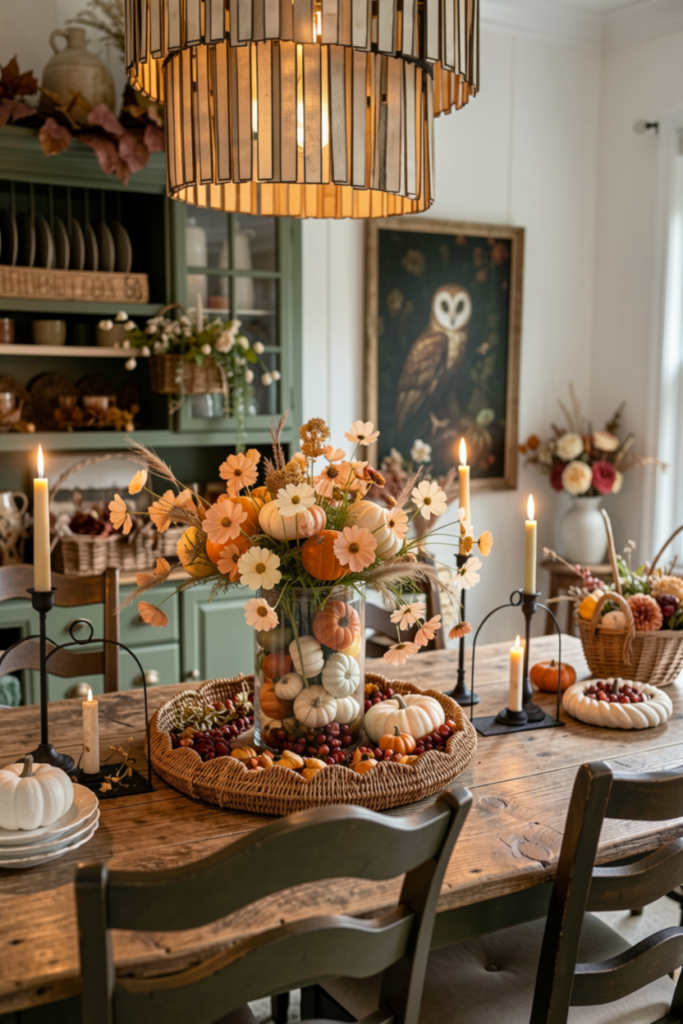 Rustic dining table with an owl painting and orange florals