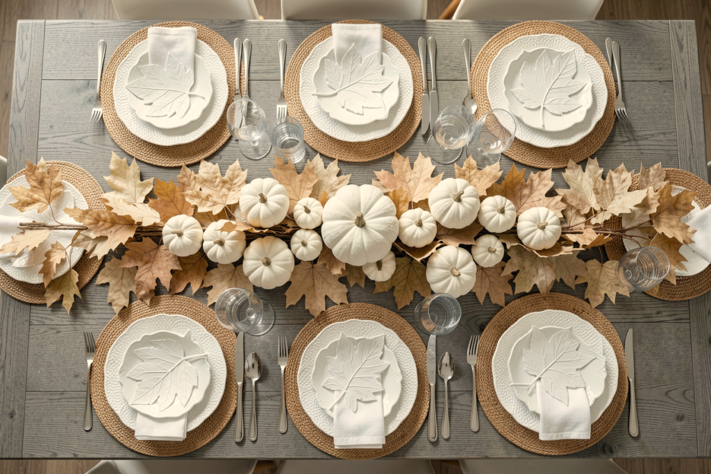 Overhead view of a white pumpkin and leaf table runner