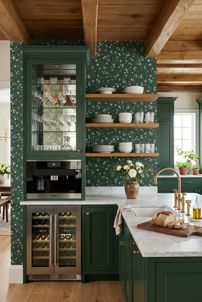 Green farmhouse kitchen cabinets with an apron sink and open shelving