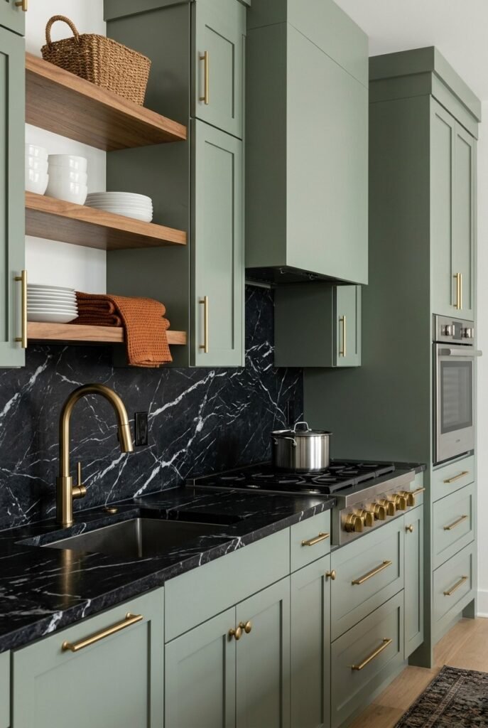 Green kitchen cabinets paired with black countertops