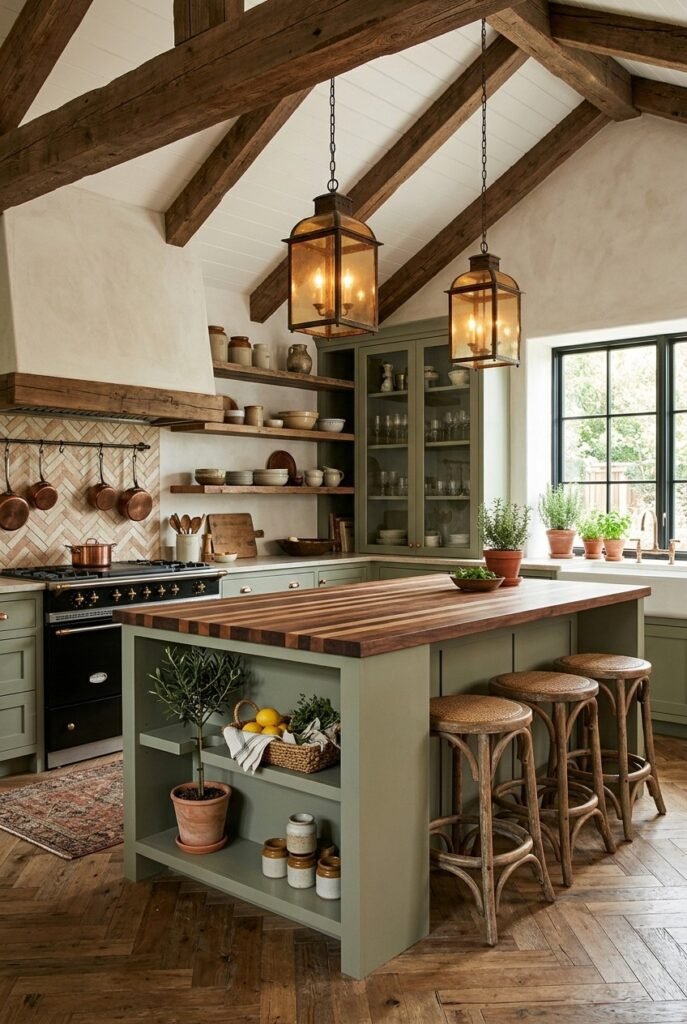 Green kitchen cabinets with warm butcher block countertops