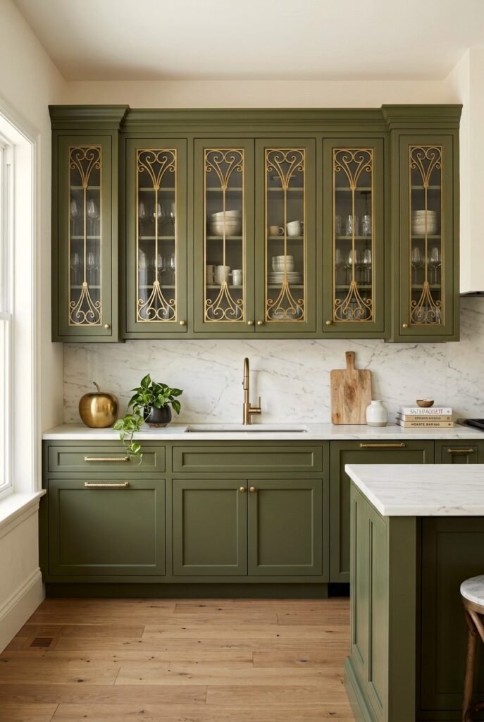 Green kitchen cabinets with gold hardware and fixtures