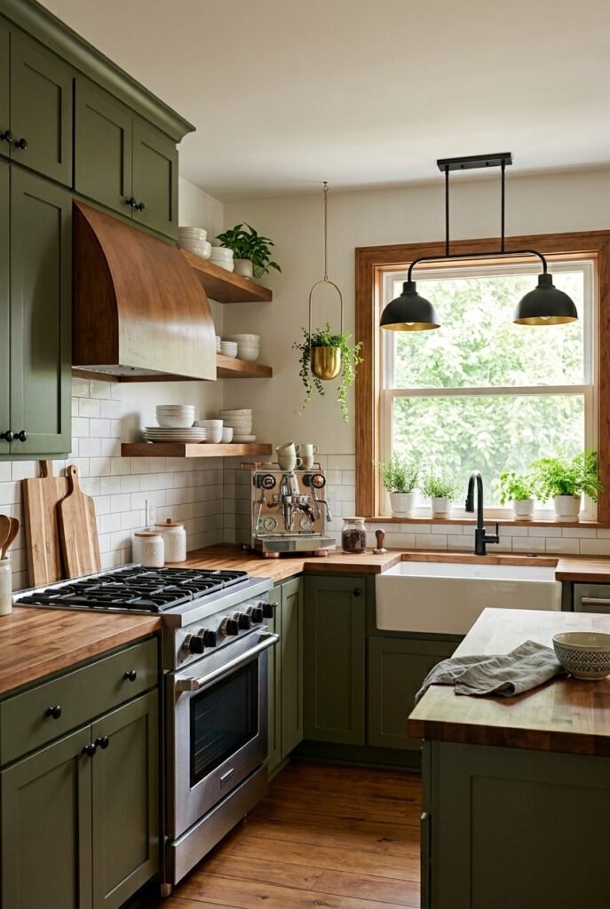 Small kitchen with green cabinets and light countertops