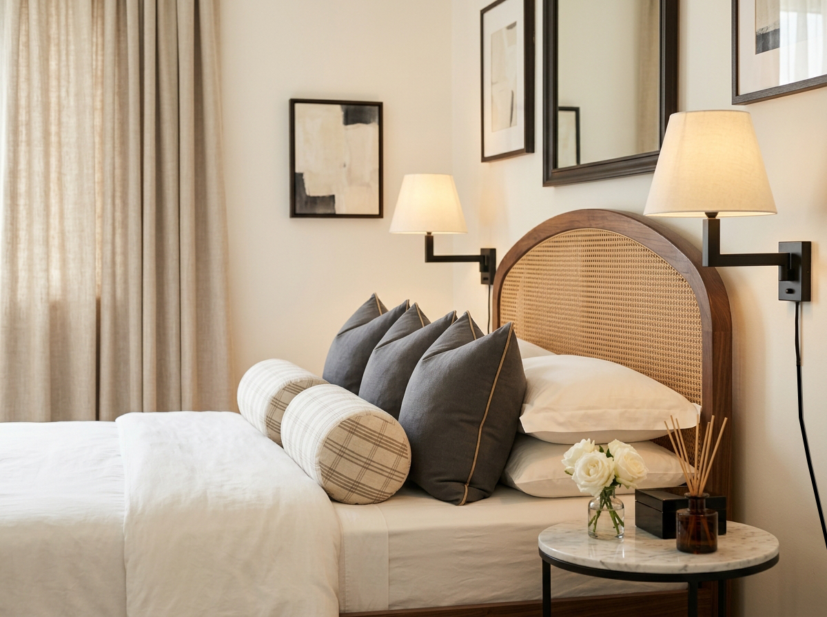 Grey beige neutral bedroom pillow arrangment