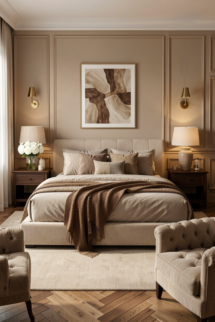 Warm neutral bedroom with layered cream and taupe tones