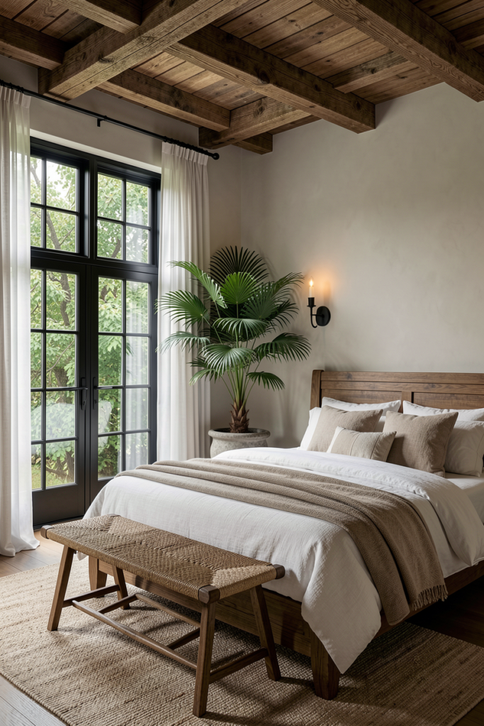 Neutral bedroom with warm wood furniture and accents