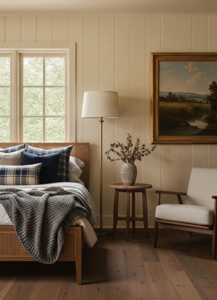 Neutral bedroom with tonal art and wall decor