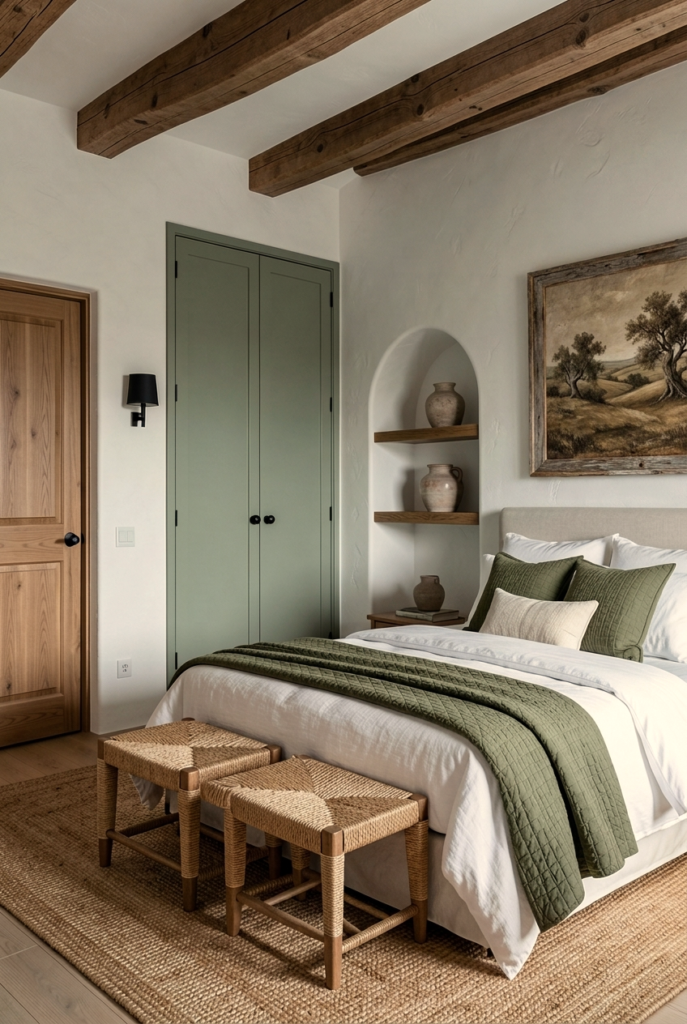 Neutral bedroom with a soft, textured jute rug