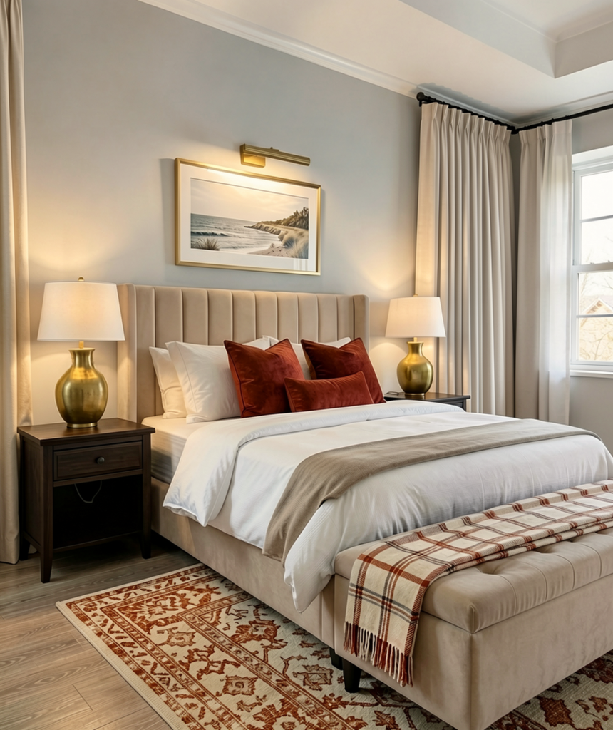 Neutral bedroom with subtle pops of sage and blush