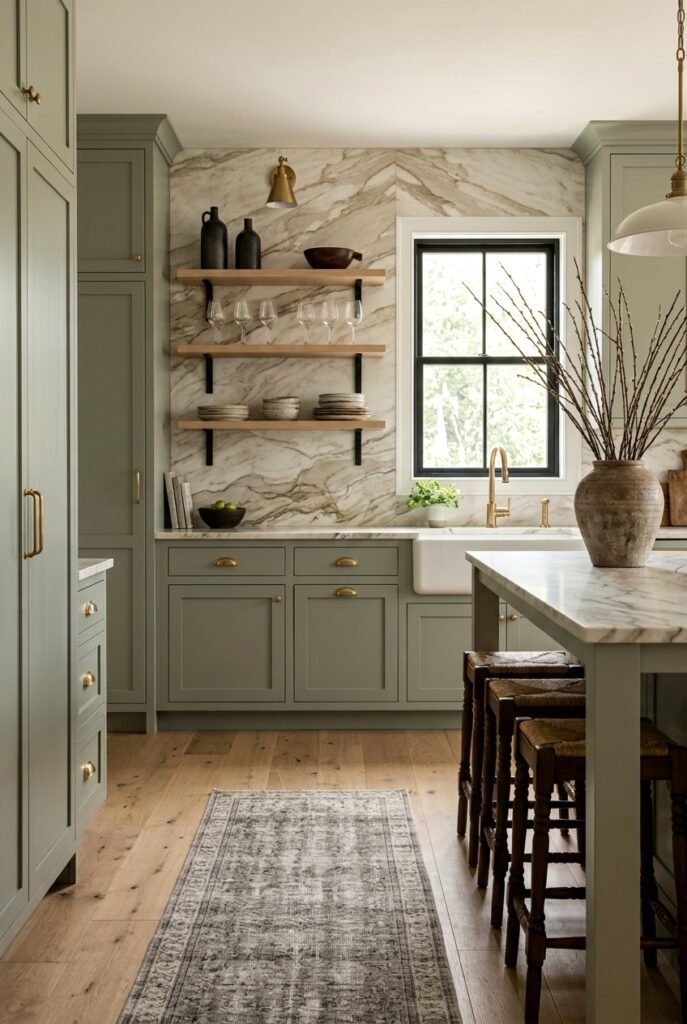 Sage green kitchen cabinets with brass hardware and white marble