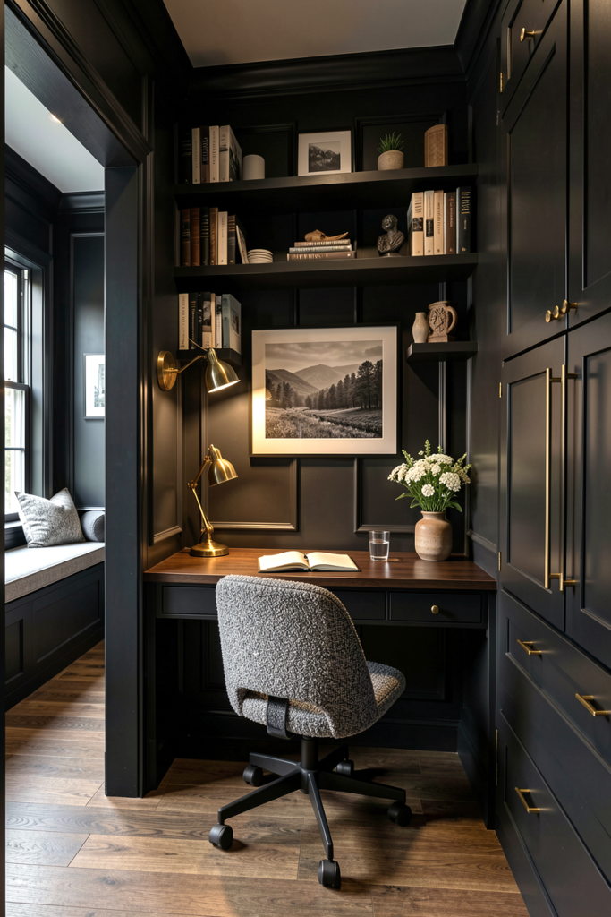 Small black built-in office nook with a brass sconce and desk lamp