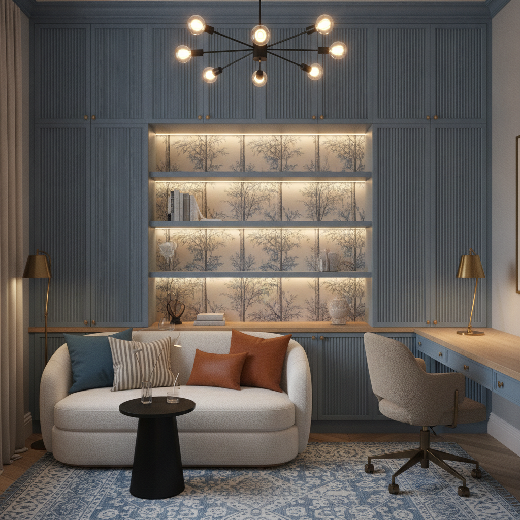 Small home office nook with a curved loveseat and blue cabinetry