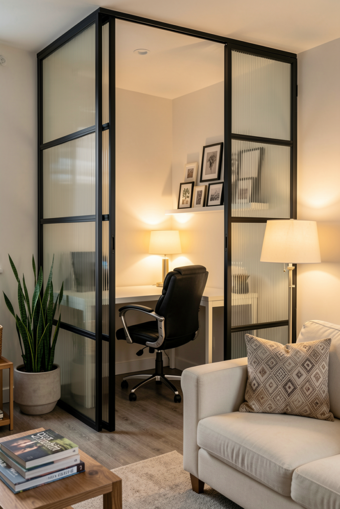 Small home office behind a black-framed glass partition wall