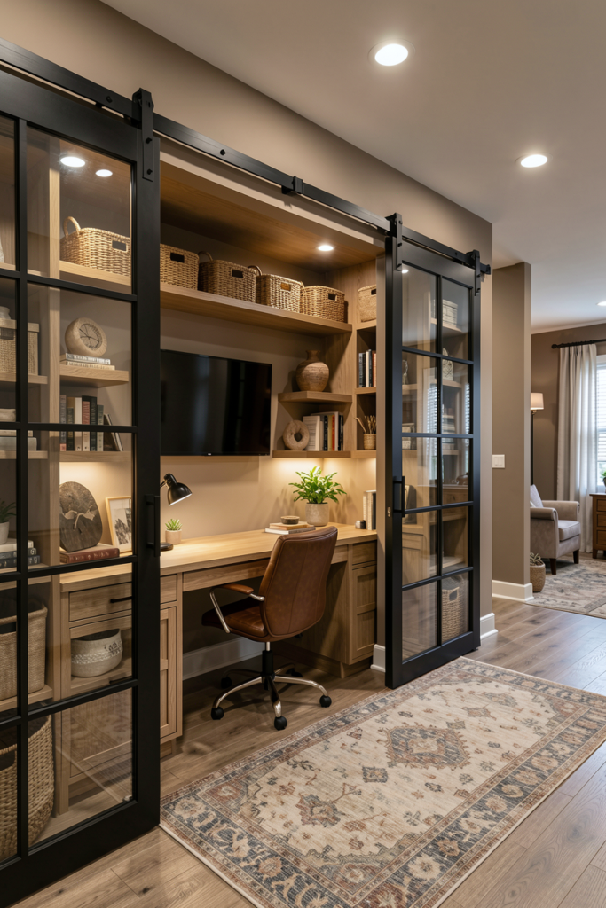Small home office nook enclosed by black-framed sliding glass doors