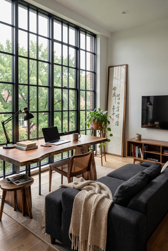 Small home office with a desk beside a sofa and tall windows