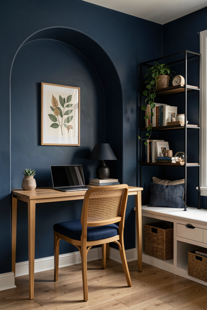 mall home office with a navy arched niche and cane-back chair