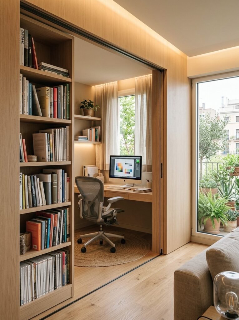 Hidden home office nook behind a sliding wood bookshelf door