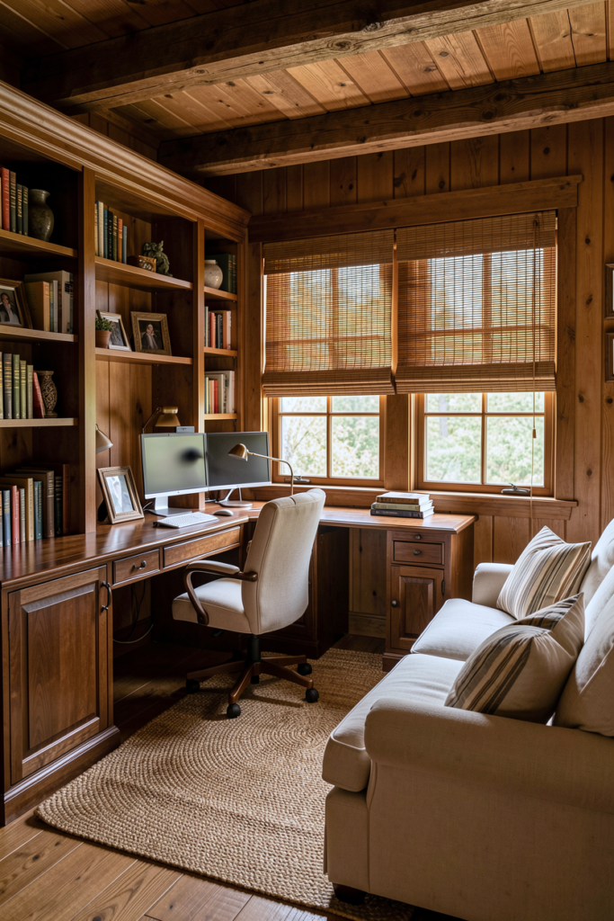 Small wood-paneled home office with bamboo roman shades