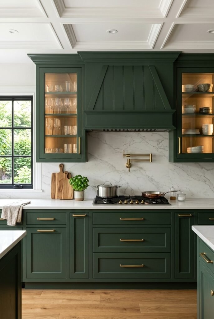 Green kitchen island with white perimeter cabinets