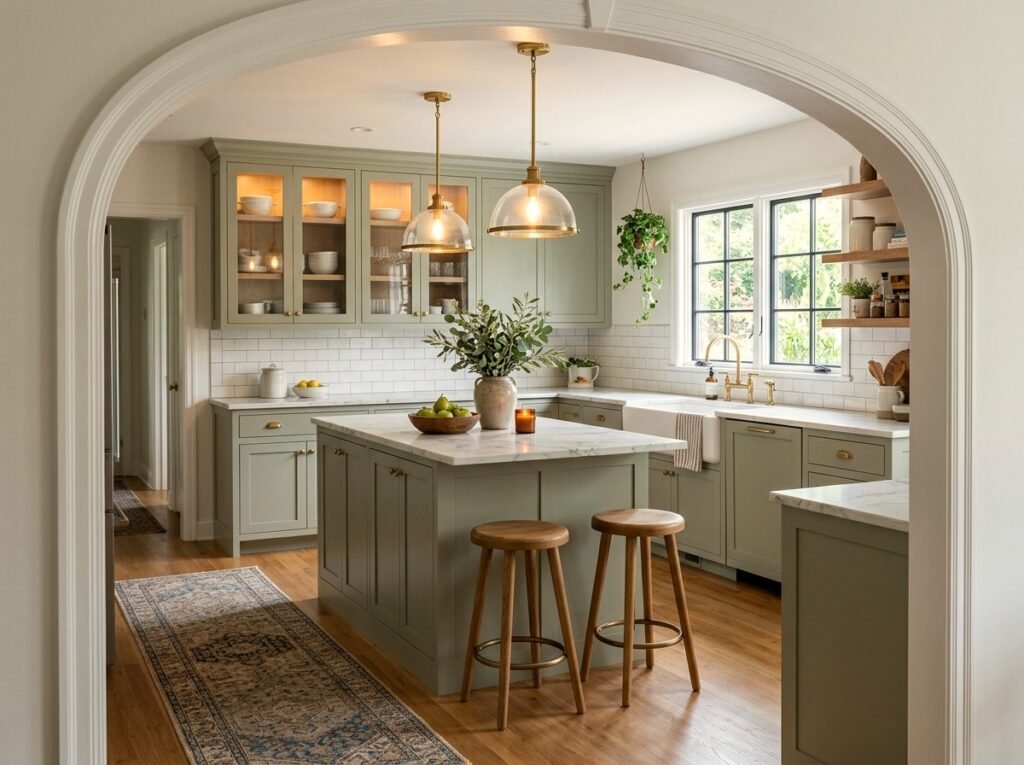 Small kitchen with green cabinets and light countertops