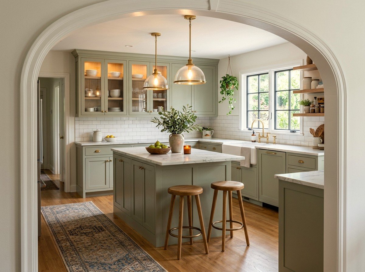 Small kitchen with green cabinets and light countertops