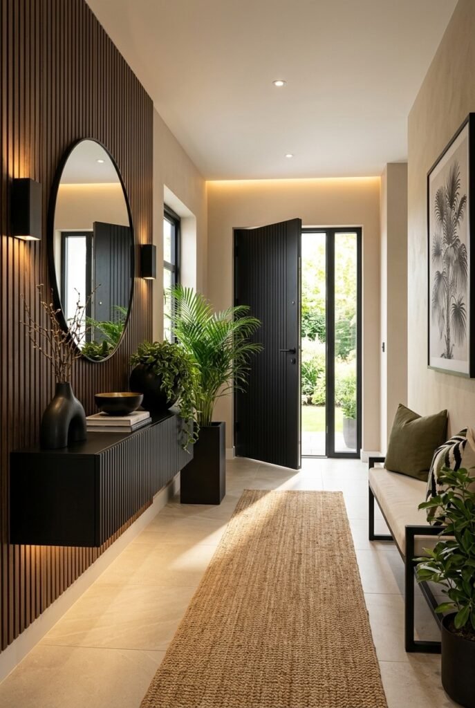 Small entryway with a slim console and greenery