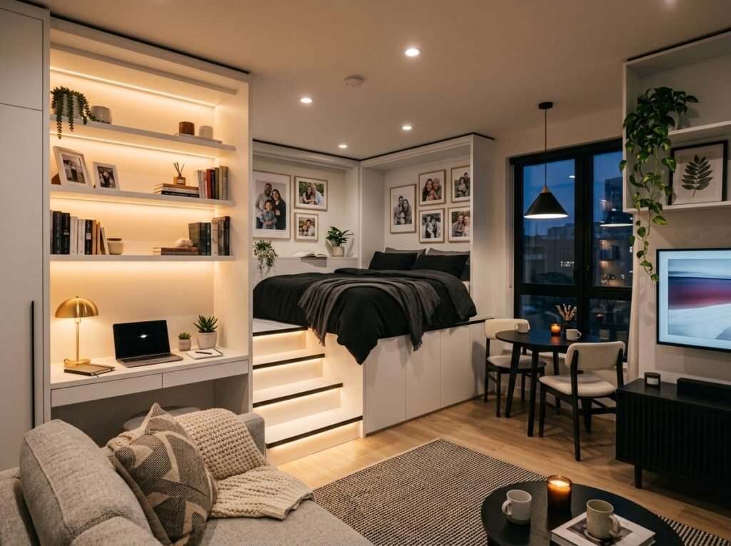 Small apartment with multifunctional furniture and defined zones