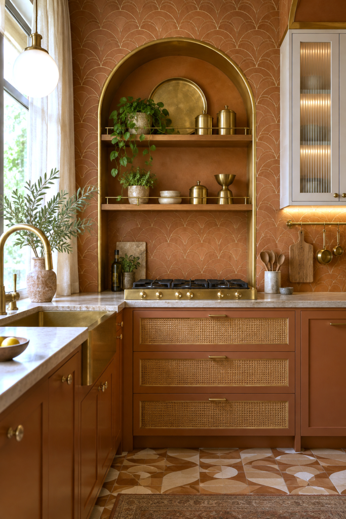Terracotta kitchen with an arched niche and brass open shelves