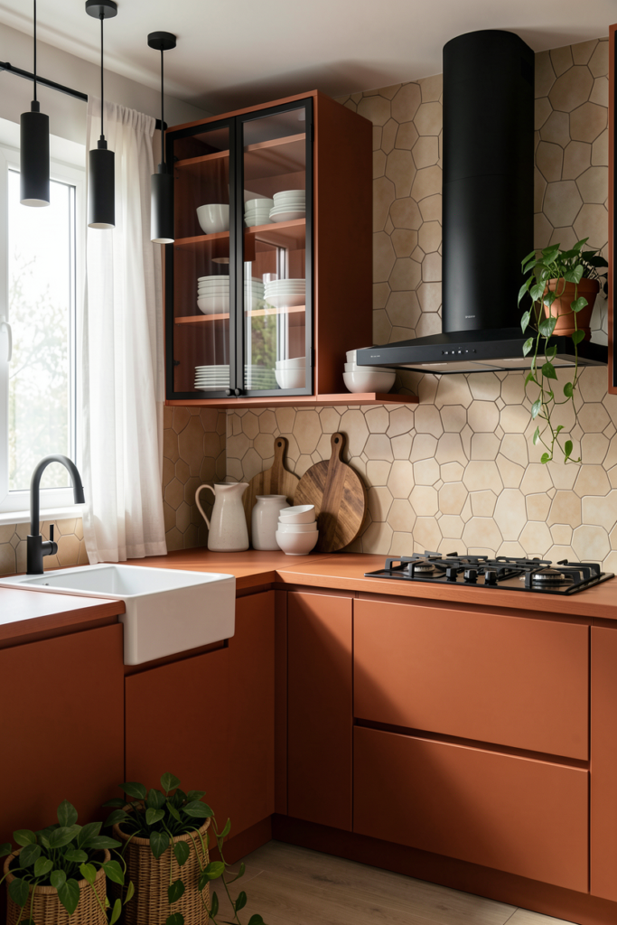 Terracotta kitchen with a glass-front cabinet and hexagon tile backsplash