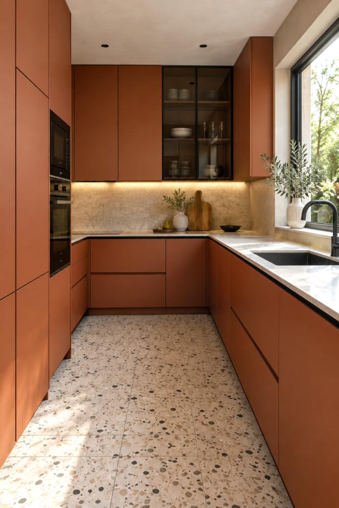 Glossy terracotta kitchen cabinets with a terrazzo tile floor