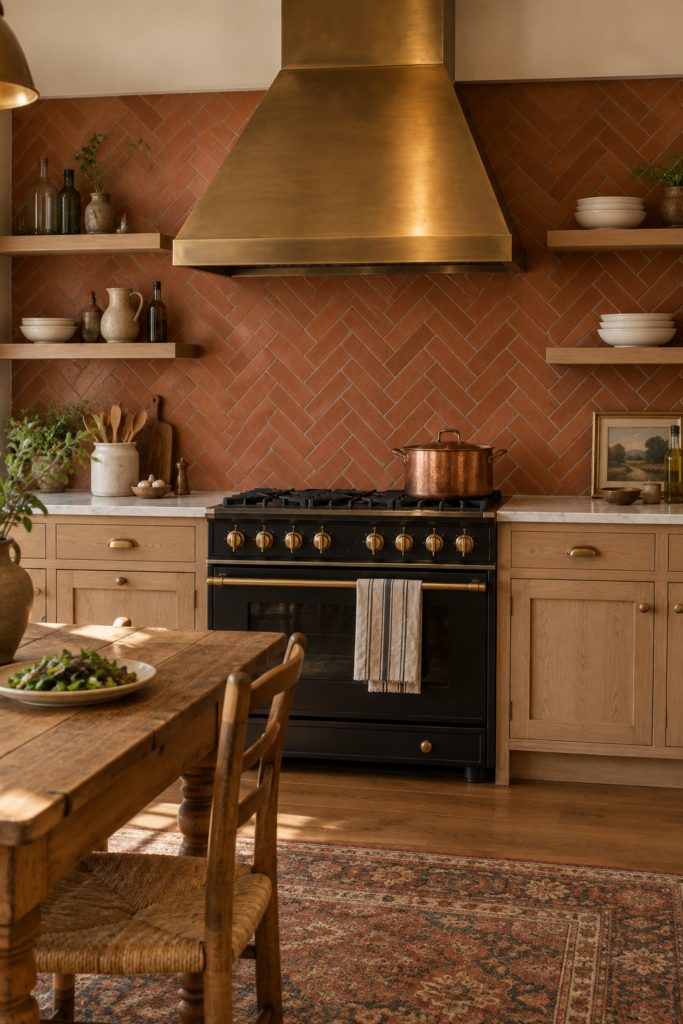 Terracotta herringbone tile backsplash with a brass range hood
