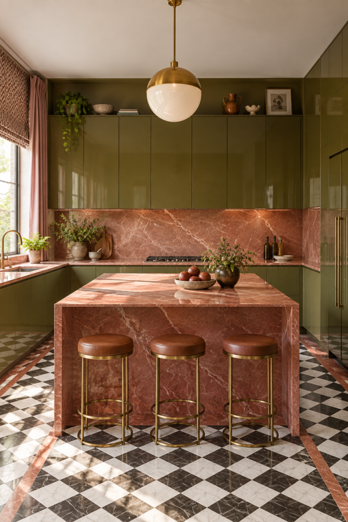 Olive green kitchen cabinets with a terracotta-pink marble backsplash