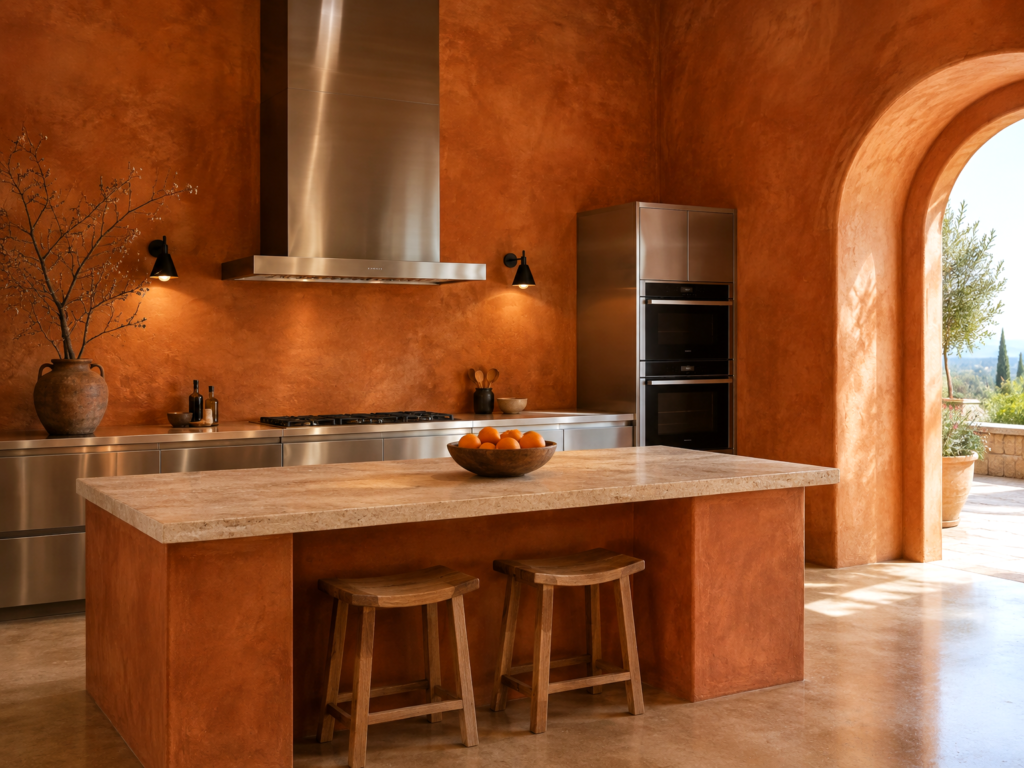 Terracotta plaster kitchen with a stainless steel range hood
