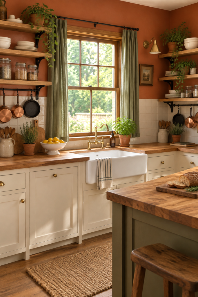 Terracotta kitchen wall with sage curtains and open wood shelving
