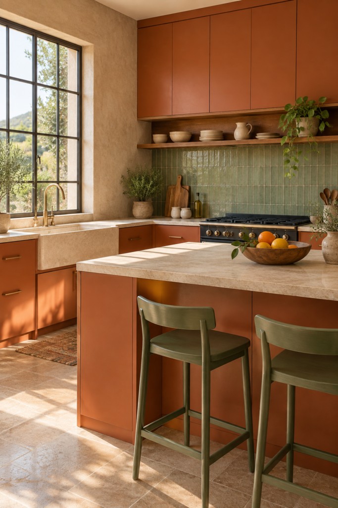 Terracotta and sage green two-tone kitchen with an island