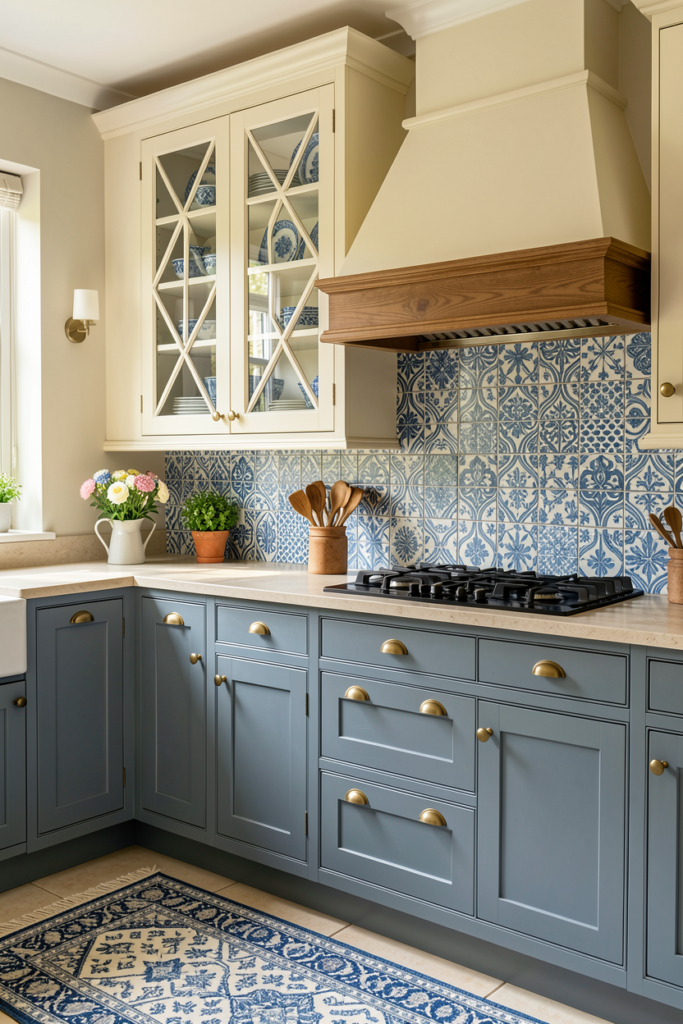 Two-tone kitchen with blue lower cabinets and patterned tile backsplash