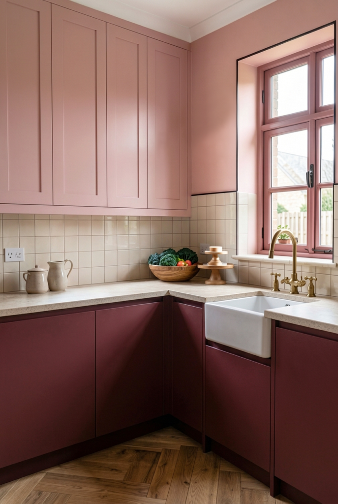 Two-tone kitchen with blush pink walls and burgundy cabinetry