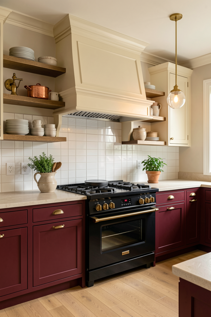 Two-tone kitchen with burgundy lower cabinets and open shelving