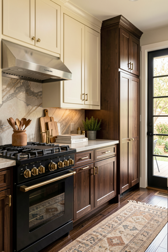 Two-tone kitchen with cream upper cabinets and walnut lower cabinets