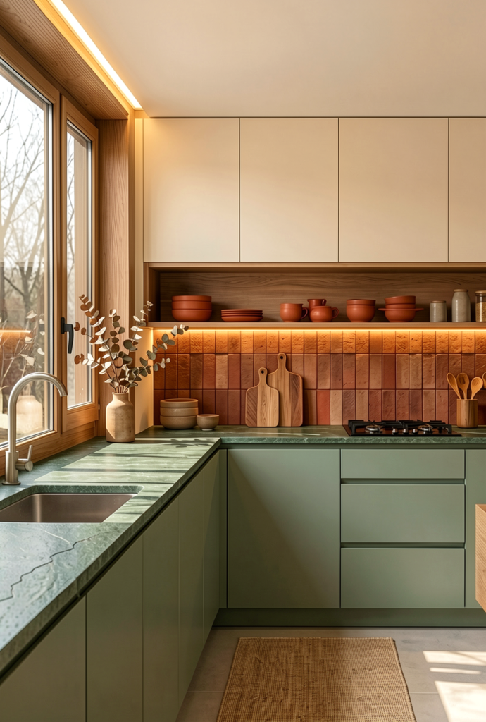 Two-tone kitchen with sage green cabinets and terracotta tile