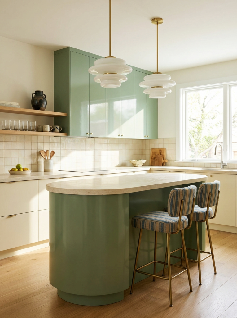 Two-tone kitchen with a sage green oval island and striped stools
