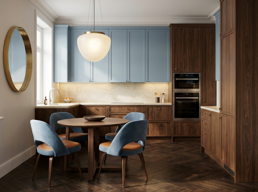 Two-tone kitchen with sage green cabinets and a walnut dining table