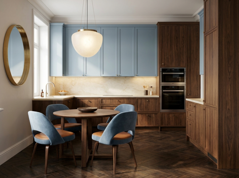 Two-tone kitchen with sage green cabinets and a walnut dining table